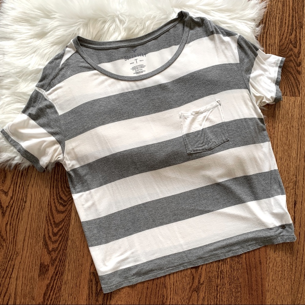 American Eagle Grey and White Striped Tee